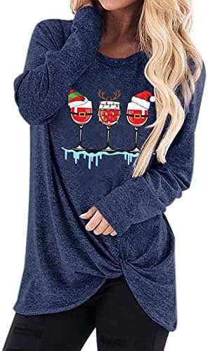 Womens Fall Tops Knot Design Cowl Neck Sweatshirt Print Christmas Cirtas de manga longa em geral para meninas