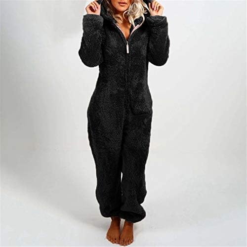 Onesie pijama feminino lã quente de lã de macacão macio macio fofo com capuz de roupas de dormir com capuz de manga longa e macia