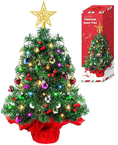 Joy Spot! Árvore de Natal de 24 polegadas de mesa, mini árvore de Natal artificial com 60 luzes de cordas e ornamentos LED,