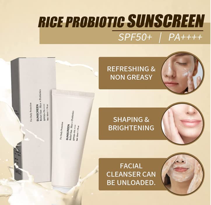 Creme solar de alívio: arroz + Probióticos Protetor solar facial 50ml | Protetor solar facial SPF 50+ Pa ++ | Proteção UV forte