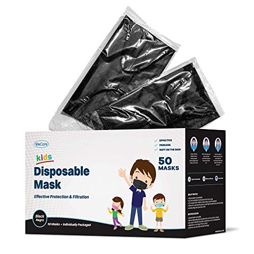 Wecare máscaras faciais descartáveis ​​para crianças, 50 máscaras de rosto pretas, embrulhadas individualmente