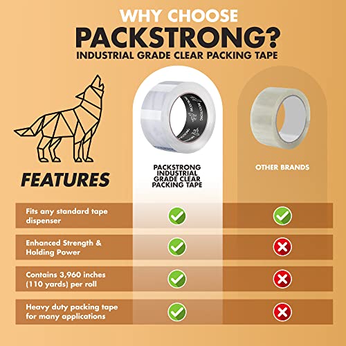 Fita de embalagem transparente de grau industrial Packstrong - 110 jardas por rolo - 3 de largura x 2,0 mil espessura, fita adesiva