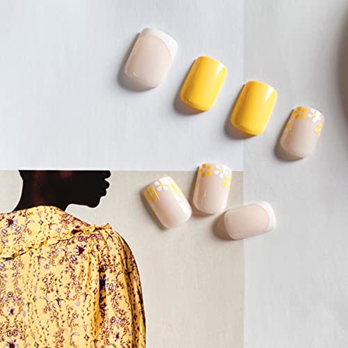 Kxamelie brilhante amarelo nu, pregos unhas curtas unhas falsas com cola de unhas com design floral fofo para manicure de verão,